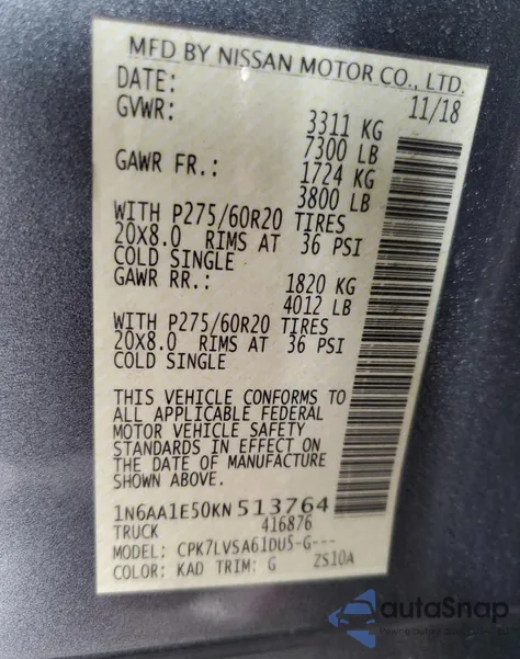 2019 Nissan Titan Sv из США, поврежденный, VIN 1N6AA1E50KN513764